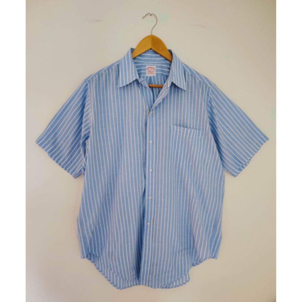 1970s Brooks Brothers Makers OCBD 6 Button Blue Stripe Mens 16 Vintage